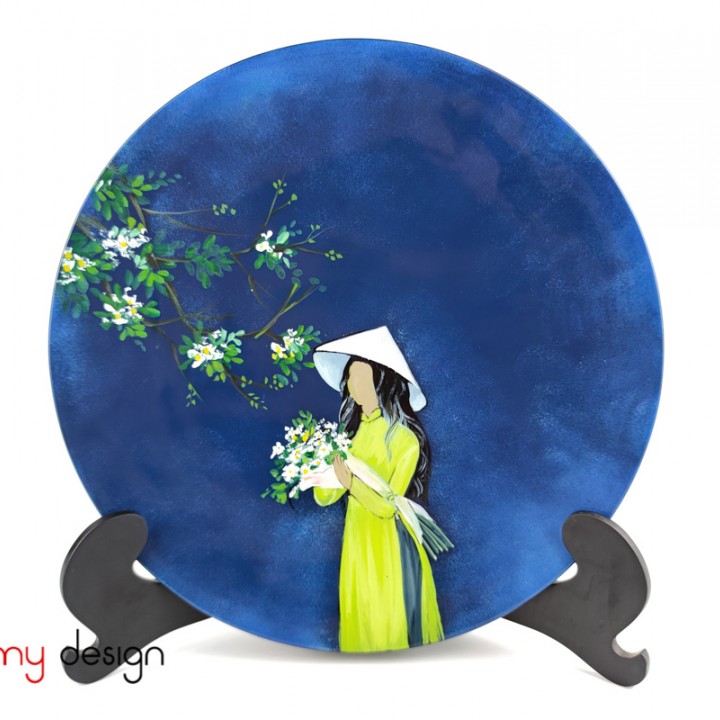 Blue round lacquer dish hand-painted with the girl  included with stand 30 cm